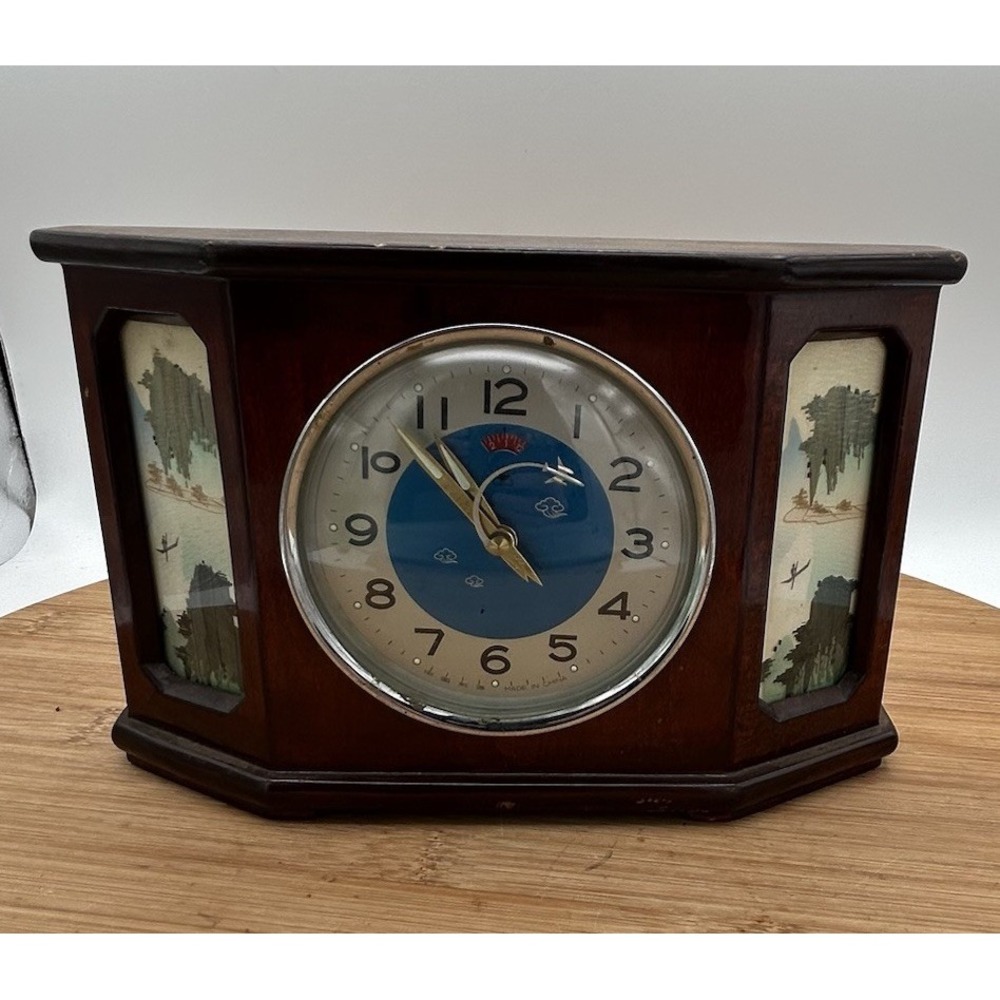 VTG Rooster Wooden Alarm Clock With Aircraft Animated -1960's Pilots, Airplanes